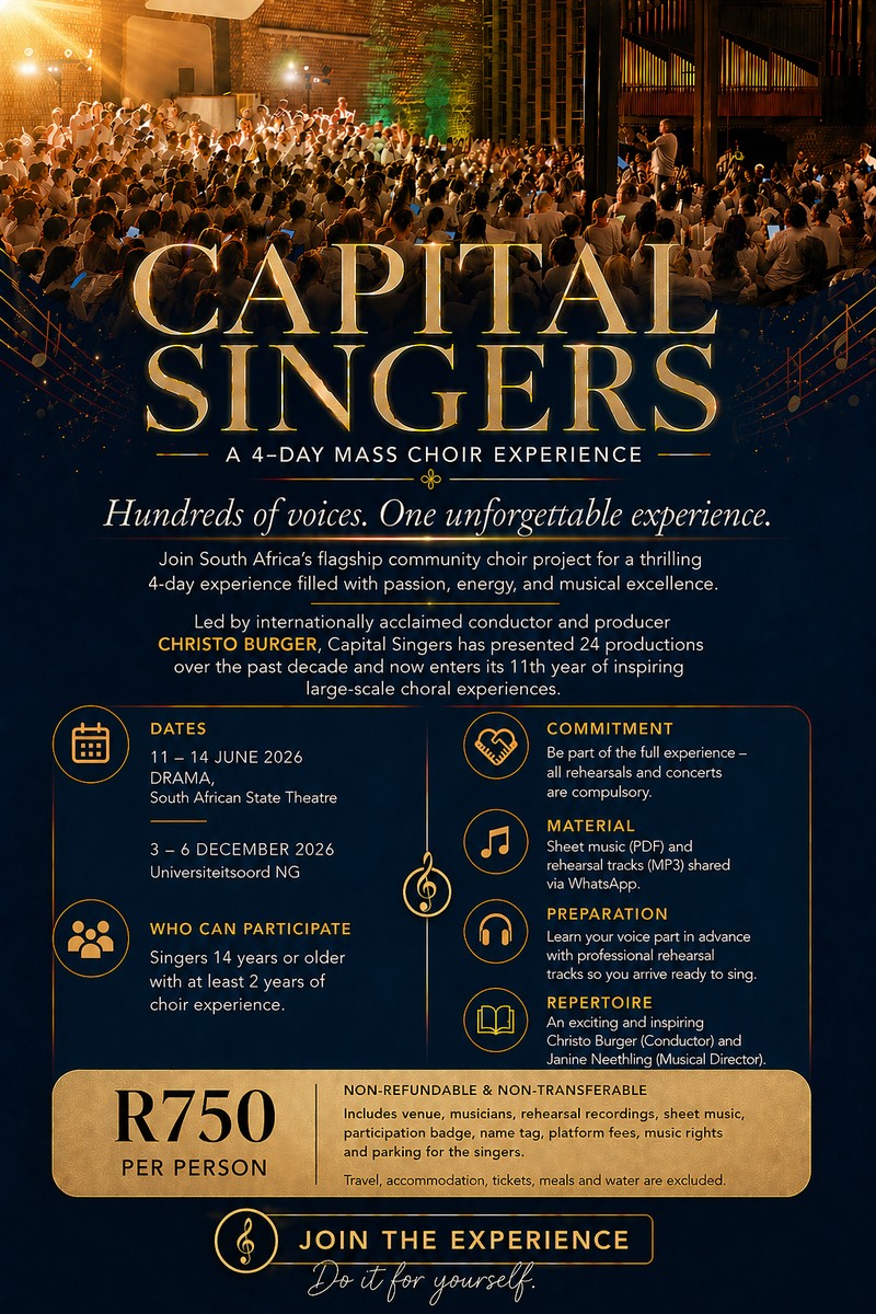 Capital Singers 4-Day Mass Choir Experience 2026 — community choir event poster led by Christo Burger