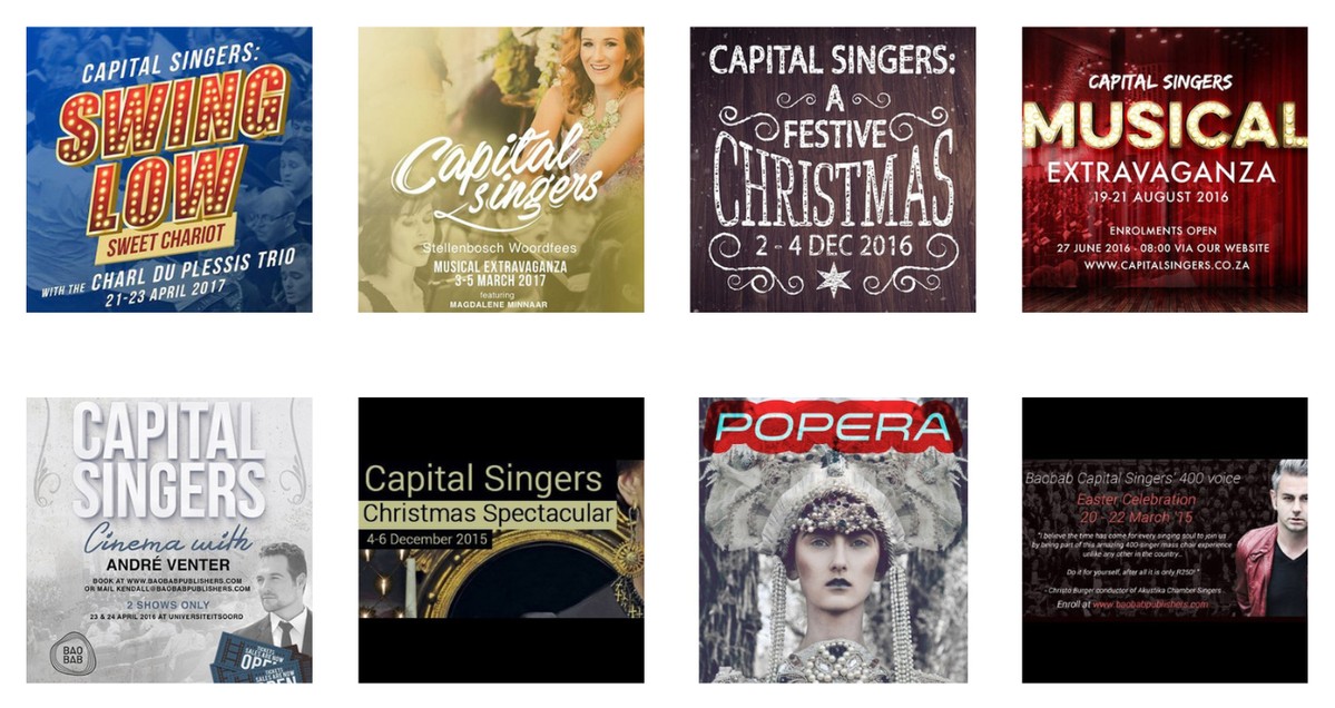 Capital Singers early productions – Swing Low Sweet Chariot, Stellenbosch Woordfees, A Festive Christmas, Musical Extravaganza, Popera, Easter Celebration