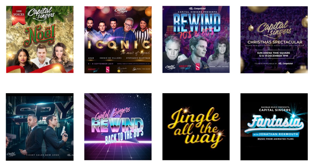 Capital Singers past shows – Noël, Iconic, Rewind 70s and 80s, Christmas Spectacular Sun Arena, SPY, Jingle All the Way, Fantasia